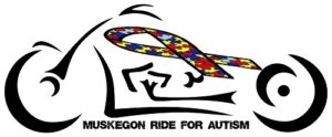 image of a motorcycle, outline, Muskegon Ride for Autism at bottom