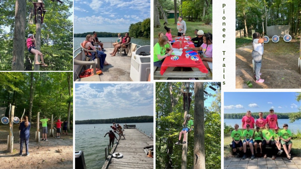 A collage of photos from camp connected, including archery, ropes course, swimming, table crafts and a group photo of 2023 attendees